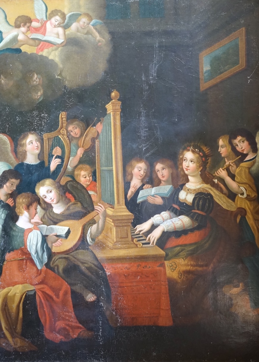 Old Master style, 19th century, oil on canvas, St Cecilia playing organ, unsigned, re-lined, 85 x 64cm, unframed